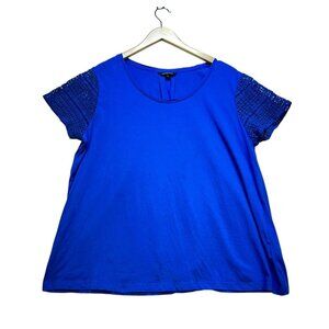 Lands End Blouse Womens XL Royal Blue Lace Sleeves Casual Cotton Top Pullover